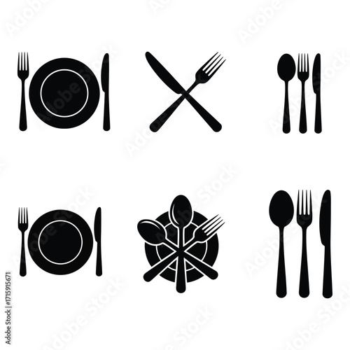 Collection of silhouetted tableware settings and cutlery arrangements for food service and dining silhouette