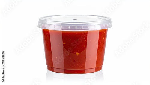 A clear plastic container filled with a vibrant red sauce, sealed with a matching lid, sits on a white background, casting a subtle reflection