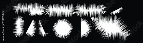 An abstract, high-contrast black and white graphic with a dynamic, chaotic arrangement of textured shapes. Featuring a mix of geometric forms—including a jagged rectangle, sphere, and triangles