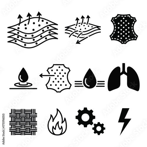 Collection of icons representing breathability material properties durability and medical concepts silhouette