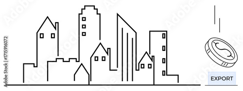 City skyline in minimalist style alongside a coin symbolizing investment, trade, and economy. Ideal for urban development, finance, trade, economy, growth commerce globalization. Simple flat