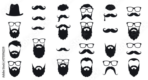 Collection of stylish beard and mustache silhouettes with glasses and hats