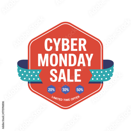 Cyber Monday sale badge, hexagon label design, ribbon with discount percentages, limited time offer text, ecommerce promotion vector