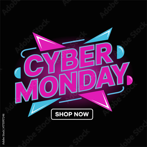 Cyber Monday neon banner, vibrant purple pink shapes, modern geometric background, shop now button, ecommerce sale promotion vector