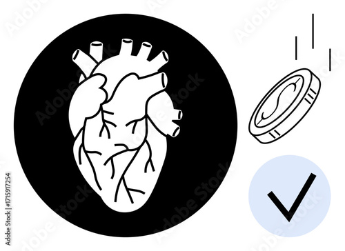 Anatomical human heart in black circle, a coin dropping, and blue checkmark. Ideal for healthcare, value of life, decision-making, ethics, finance organ donation or responsibility themes. Simple