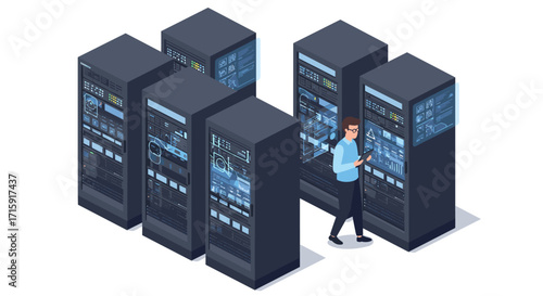 Data center technology vector illustration: isometric design for it infrastructure and network management