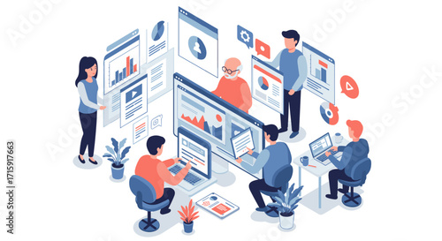 Collaborative teamwork in a digital workspace vector illustration for business strategy design in flat isometric style