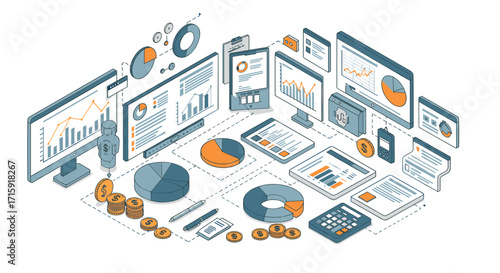 Isometric business data analysis vector illustration for finance and technology design