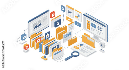 Isometric office workspace with digital files and folders vector illustration for technology design