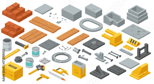 Isometric construction tools and materials vector illustration for design projects