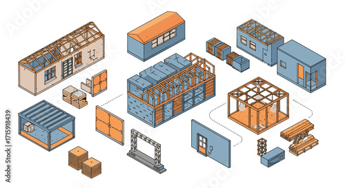 Isometric vector illustration of prefabricated house panels for construction design