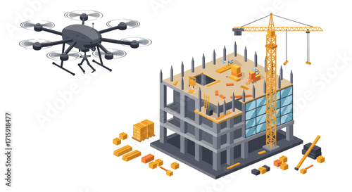 Construction site with crane and drone vector illustration in isometric style for engineering and architecture design