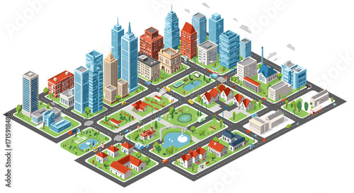 Isometric city map vector illustration: urban planning and architecture design