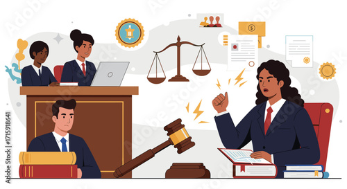 Legal courtroom vector illustration with lawyers and judge in flat style for educational use