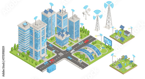 Smart city infrastructure vector illustration for urban development and renewable energy concepts in isometric style