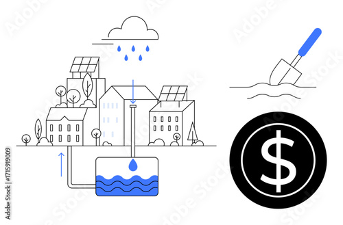Urban buildings with solar panels, rainwater collection system, water tank, shovel digging action, and dollar sign. Ideal for sustainability, conservation, urban planning, eco-design renewable