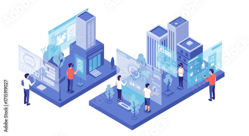 Futuristic smart city concept with people interacting with digital interfaces vector illustration