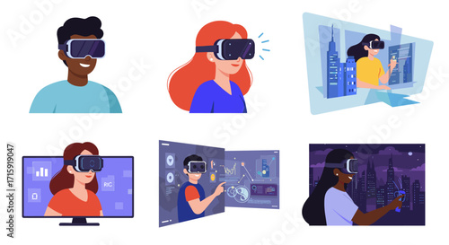 Virtual reality experience with diverse people using headsets in modern vector illustration