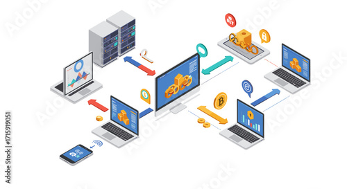 Cryptocurrency and blockchain network concept in isometric style vector illustration for tech design