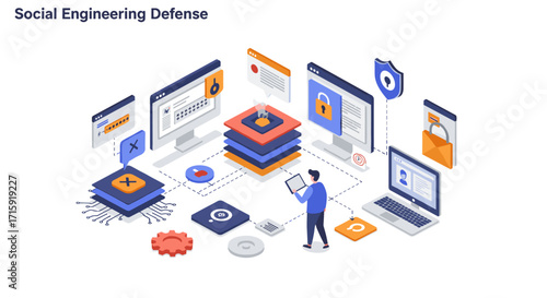 Cybersecurity strategies vector illustration: social engineering defense in isometric style for digital security awareness