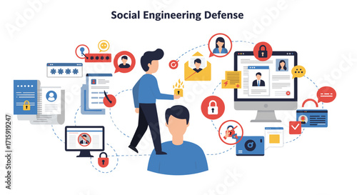 Social engineering defense vector illustration: security awareness and protection strategy design