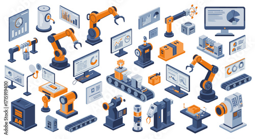 Industrial automation and robotics equipment isometric vector illustration for engineering and design