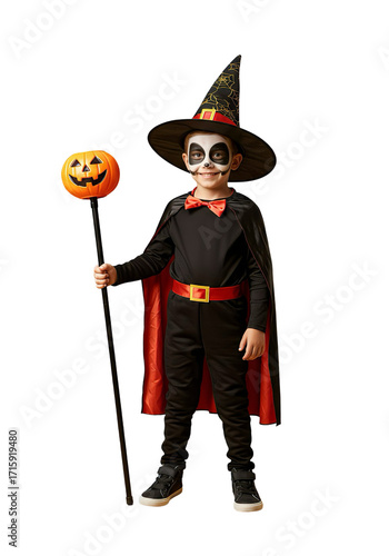 Boy in Halloween Costume Holding Pumpkin Staff Isolated on White