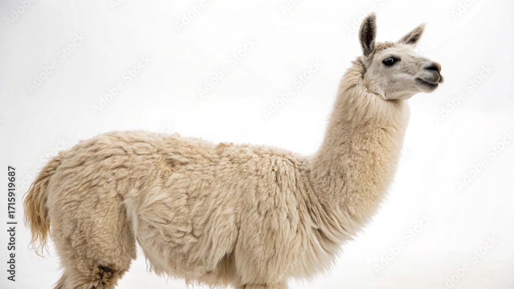 Obraz premium Llama standing calmly on a clean white studio background, showcasing thick wool and gentle expression, sharp focus, and professional studio lighting