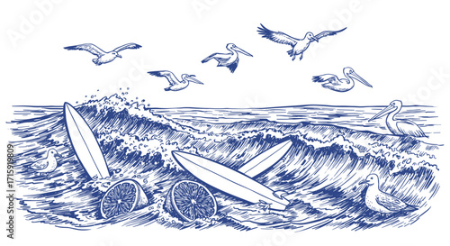 Surfing and seagulls at sea vector illustration for summer design in hand drawn style