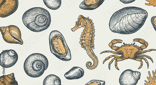 Marine life pattern vector illustration featuring seashells, seahorse, and crab for nautical decor