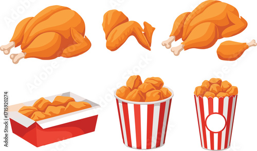 Fried chicken bucket, crispy wings, fast food meal, roasted chicken pieces, crunchy nuggets, delicious takeout, tasty snack, fast food illustration
