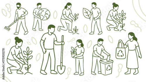 People planting trees recycling and caring for environment together