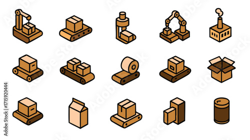Manufacturing icons with machines conveyors packages boxes and production