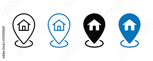 Home location vectors icons set in filled and line. Map pin with a house icon on white background.