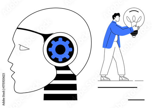 Profile of robotic head with gear symbolizing AI, next to a person holding a light bulb. Ideal for innovation, creativity, technology, machine learning, problem-solving, futurism, and automation