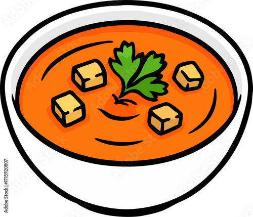 Vector Illustration of Tomato Soup in Bowl with Parsley and Croutons, Isolated on White for Menu and Recipe Design