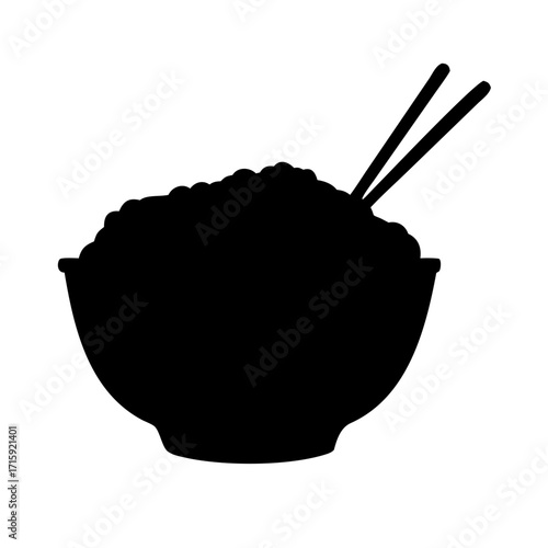 Rice bowl with chopsticks, black silhouette (Black Vector / Illustration Style)