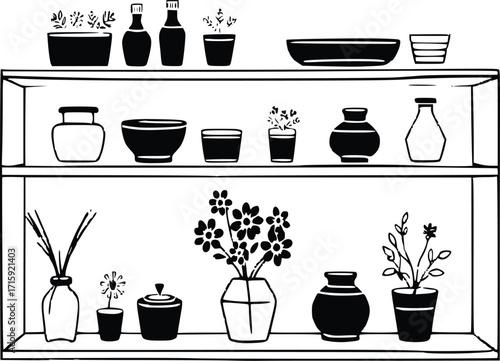 Hand Drawn Shelf with Kitchenware and Plants 