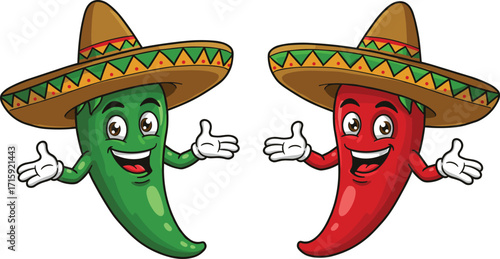 Funny cartoon chili pepper characters with Mexican sombrero hats, red chili mascot, green jalapeno illustration, spicy vegetable cartoon design, vector