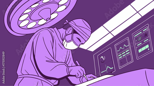 Dedicated Surgeon Performing Operation in Stylized Purple Operating Room with Medical Monitors and Surgical Light – Healthcare Procedure Illustration