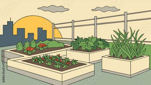 Urban rooftop garden with raised beds and city skyline, a modern organic lifestyle concept