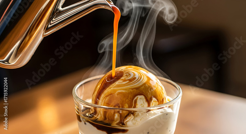 Indulge in a decadent affogato, watching rich espresso cascade over creamy vanilla ice cream in a steaming delight