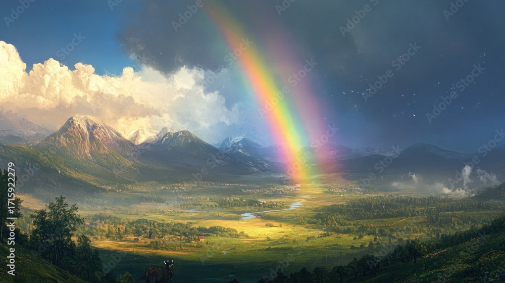 Obraz premium Panoramic view of a valley with a rainbow arching over a peaceful landscape. Lush green meadows, rolling hills, and snow-capped mountains are visible