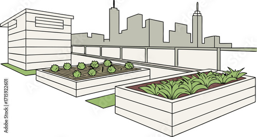 Modern rooftop garden with vegetable planters and city skyline view for sustainable urban living