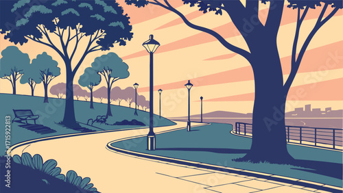 Peaceful park landscape with winding path, trees, and city skyline view at sunset for relaxation