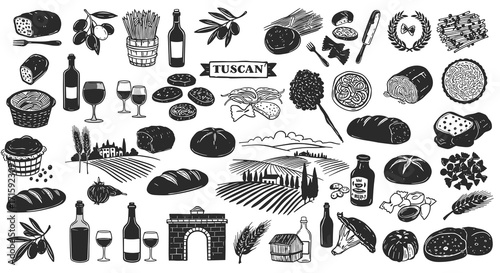 Tuscan cuisine vector illustration featuring traditional food and wine elements in vintage style for kitchen decor