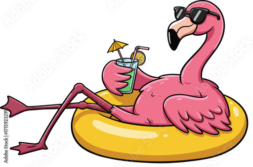 Funny cartoon flamingo relaxing on inflatable pool float, tropical bird character with sunglasses, summer vacation illustration, cocktail drink design, vector