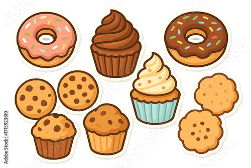 Delicious dessert vector illustration: cupcakes, donuts, and cookies set in flat style for bakery design