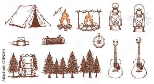 Rustic camping adventure vector illustration with lanterns, campfire, and outdoor gear for nature lovers