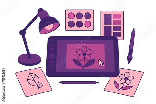 Digital art creation process with floral design elements in flat vector illustration style